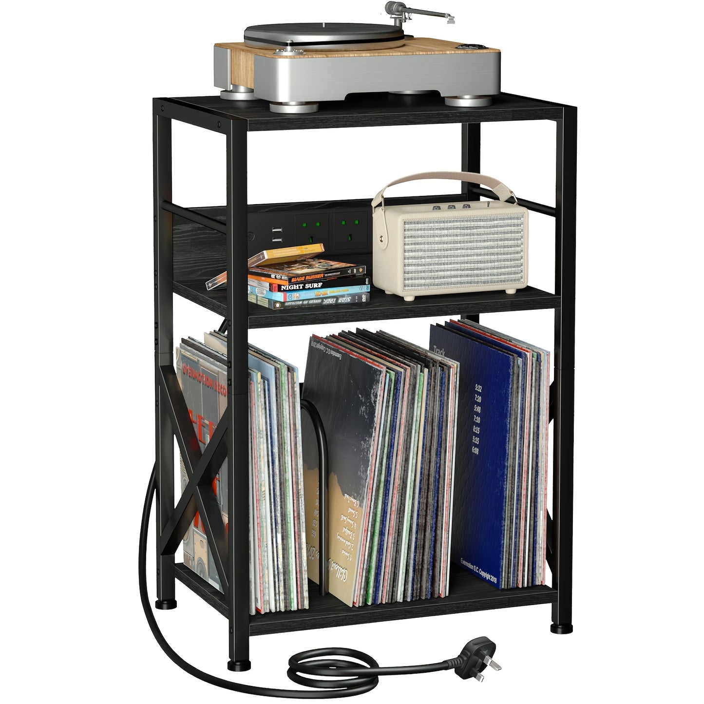AMHANCIBLE Vintage Brown Wooden Record Stand with Socket (200-Album 3-Tier) -recordscrate
