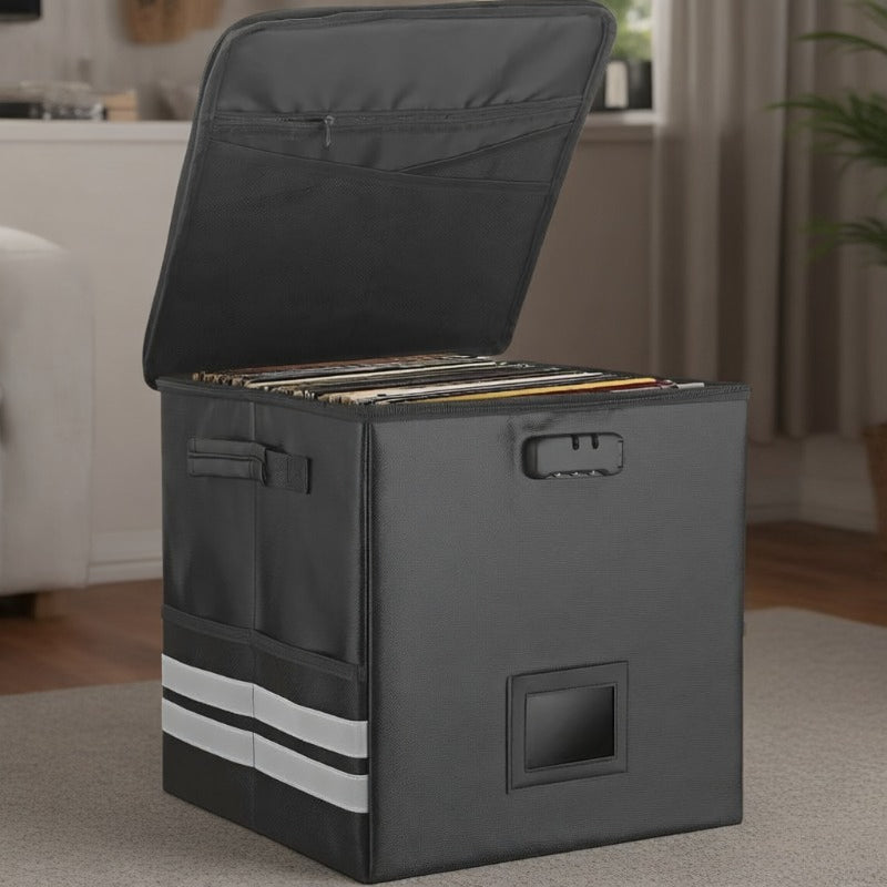 62pcs Foldable LP Organizer - Lockable Fire-Resistant Plastic Box with Reflective Strips -recordscrate