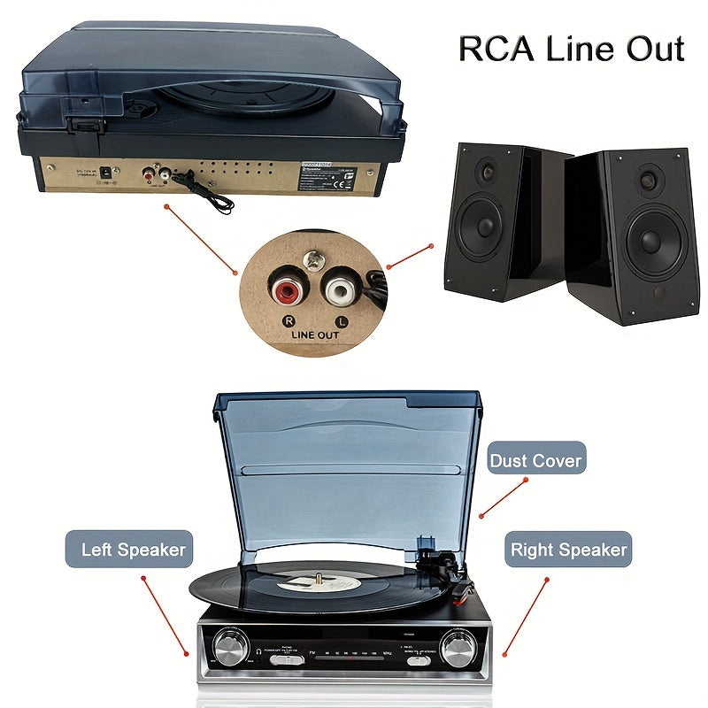 3-Speed Belt-Driven Vintage Turntable - Built-in Speakers, FM Radio, 3.5mm/Line Out + 2 Belts & 2 Styli -recordscrate