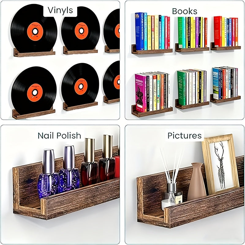 12-Inch Wall-Mounted Floating LP Shelf - Rustic Brown Wooden Display Rack -recordscrate