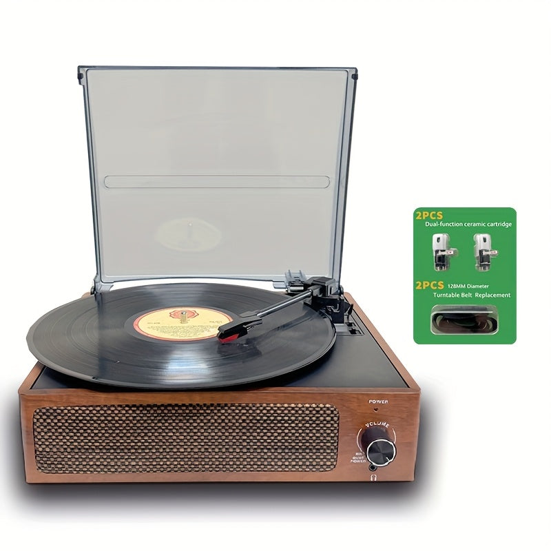 Walnut Vintage 3-Speed Turntable - Built-in Stereo Speakers, RCA Out/Earphone Jack + 2 Cartridges & 2 Belts -recordscrate
