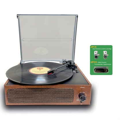 Walnut Vintage 3-Speed Turntable - Built-in Stereo Speakers, RCA Out/Earphone Jack + 2 Cartridges & 2 Belts -recordscrate