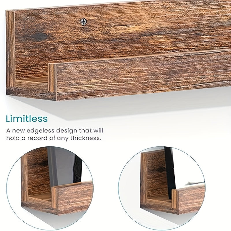 12-Inch Wall-Mounted Floating LP Shelf - Rustic Brown Wooden Display Rack -recordscrate