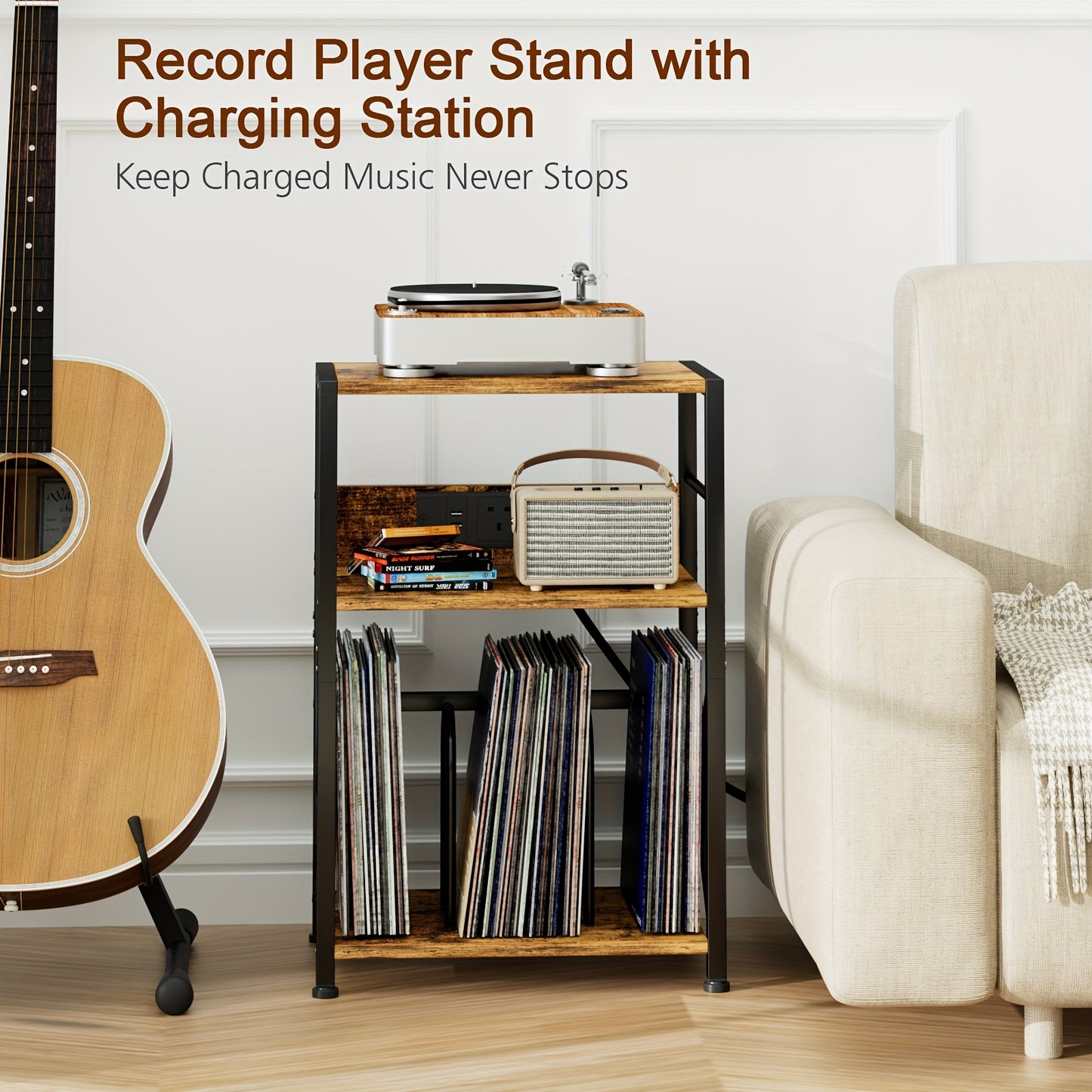 AMHANCIBLE Vintage Brown Wooden Record Stand with Socket (200-Album 3-Tier) -recordscrate