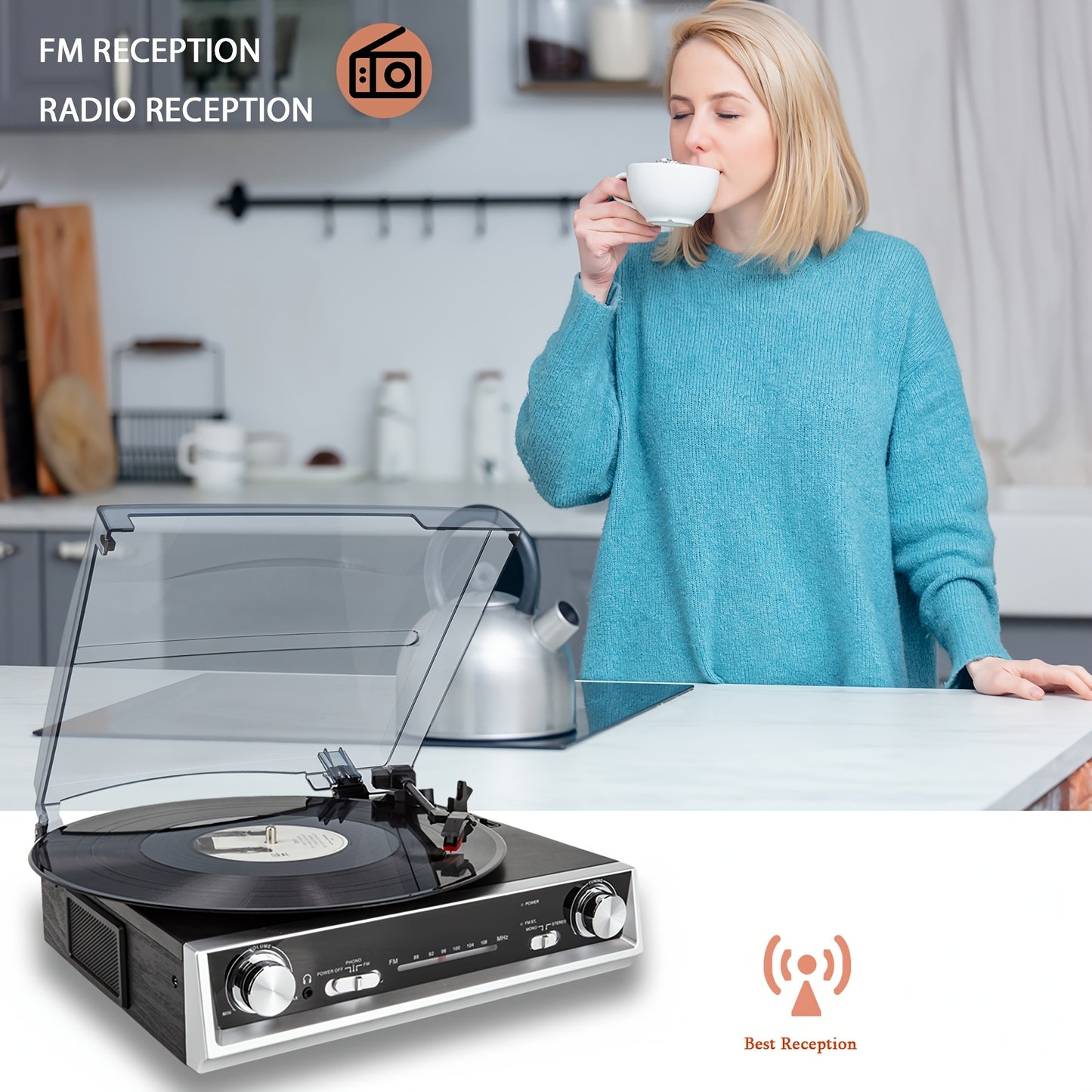 Retro Vinyl Record Player - FM Reception, 3.5mm/Line/Headphone Jacks, Bonus Replacement Belt & Stylus Kit -recordscrate