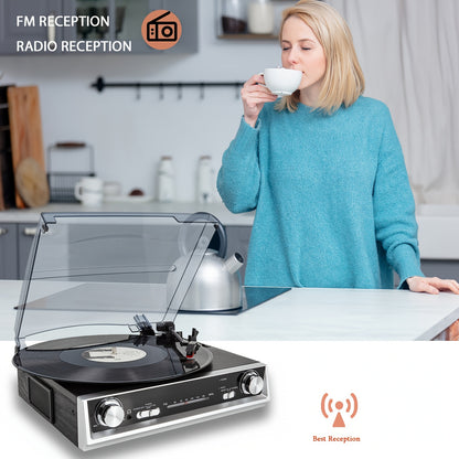 Retro Vinyl Record Player - FM Reception, 3.5mm/Line/Headphone Jacks, Bonus Replacement Belt & Stylus Kit -recordscrate