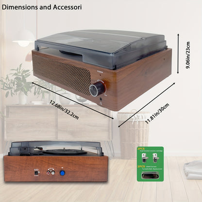 Walnut Vintage 3-Speed Turntable - Built-in Stereo Speakers, RCA Out/Earphone Jack + 2 Cartridges & 2 Belts -recordscrate