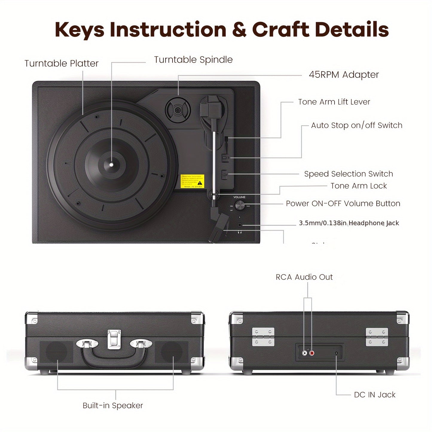 Maio C210 Vintage Wooden Turntable - 3-Speed (33/45/78 RPM), Belt-Driven, Wireless Streaming & Built-in Speaker -recordscrate