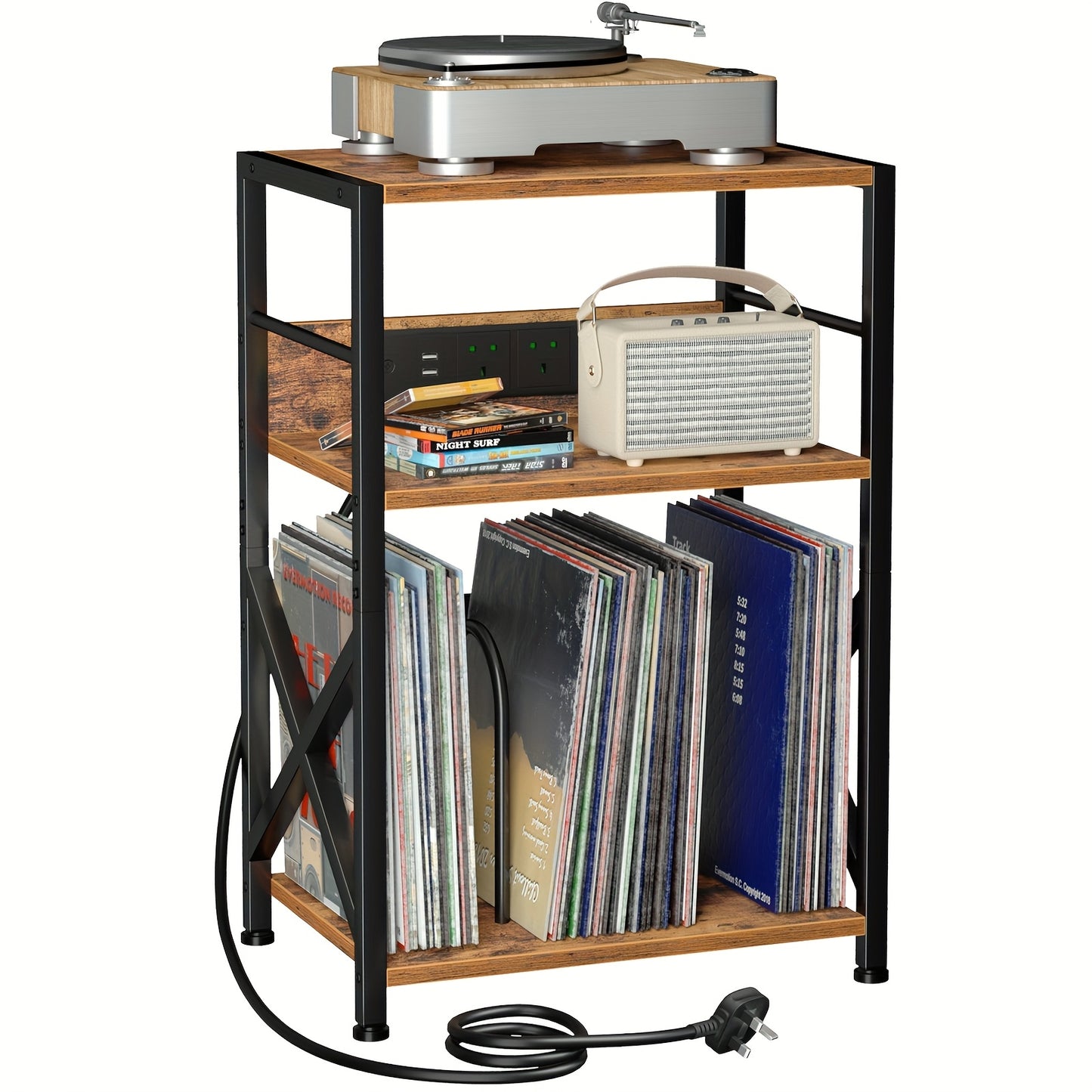 AMHANCIBLE Vintage Brown Wooden Record Stand with Socket (200-Album 3-Tier) -recordscrate