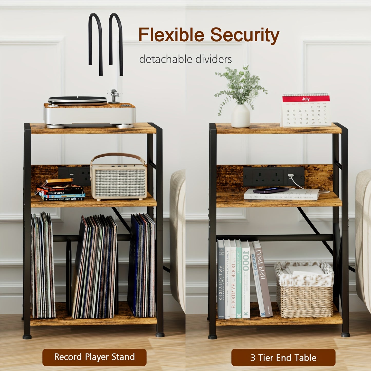 AMHANCIBLE Vintage Brown Wooden Record Stand with Socket (200-Album 3-Tier) -recordscrate