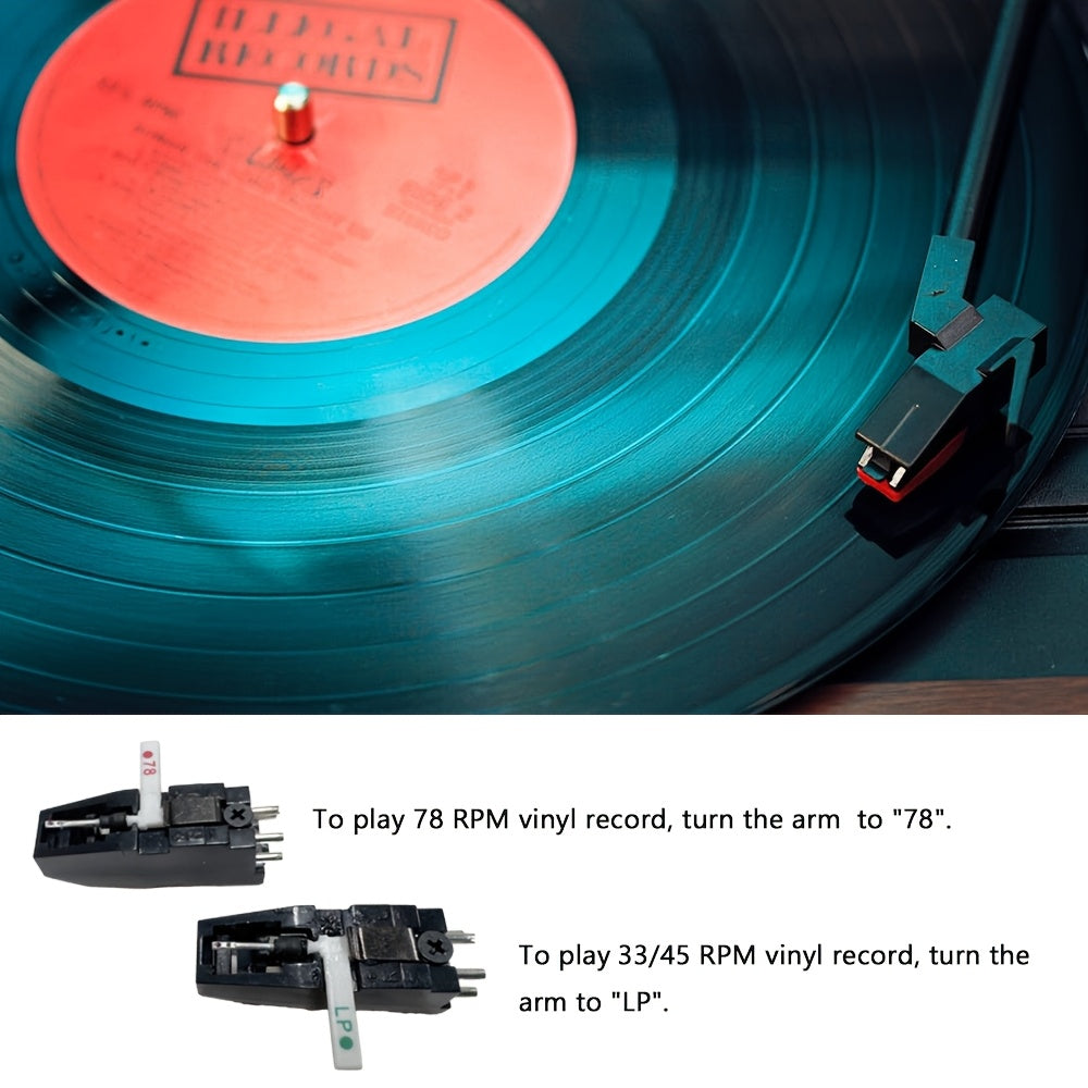 Walnut Vintage 3-Speed Turntable - Built-in Stereo Speakers, RCA Out/Earphone Jack + 2 Cartridges & 2 Belts -recordscrate