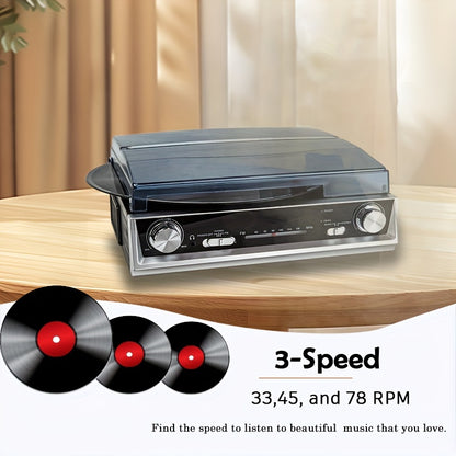 3-Speed Belt-Driven Vintage Turntable - Built-in Speakers, FM Radio, 3.5mm/Line Out + 2 Belts & 2 Styli -recordscrate
