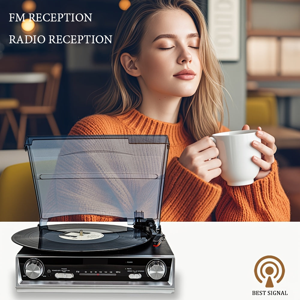 3-Speed Belt-Driven Vintage Turntable - Built-in Speakers, FM Radio, 3.5mm/Line Out + 2 Belts & 2 Styli -recordscrate