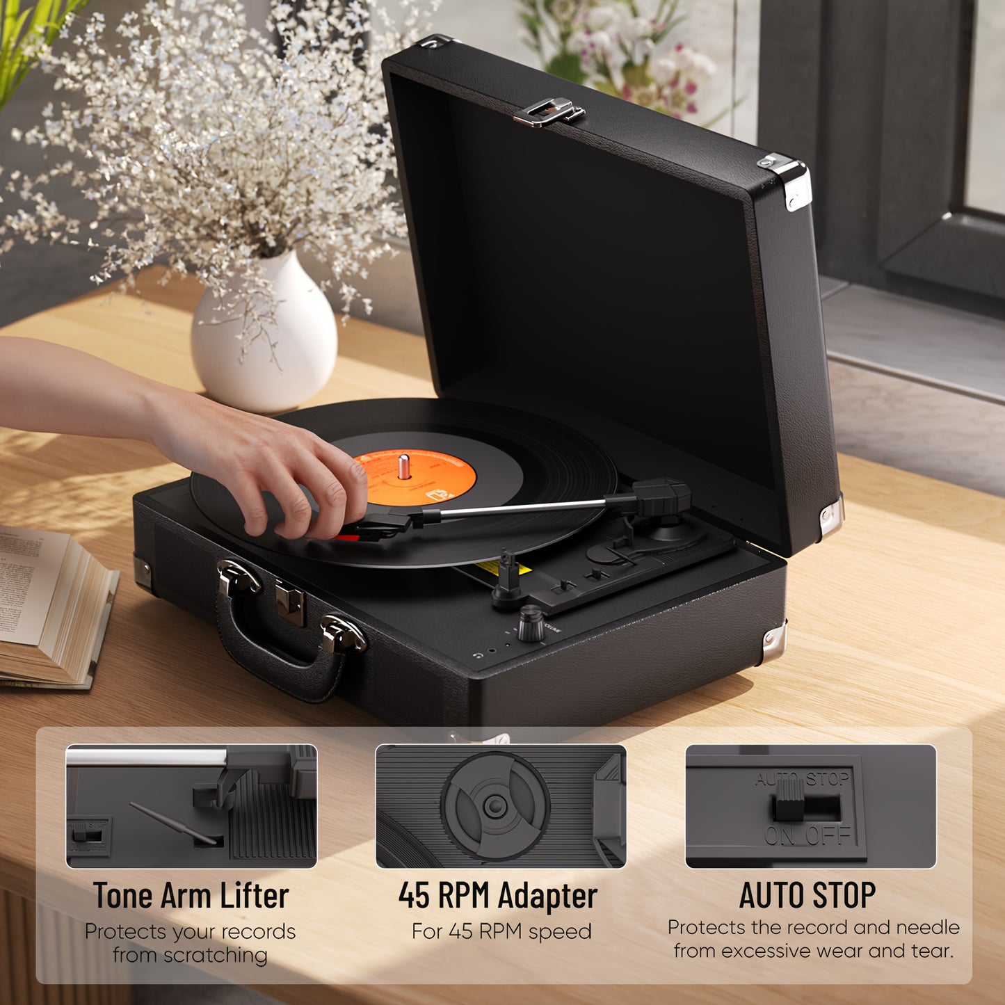 Maio C210 Vintage Wooden Turntable - 3-Speed (33/45/78 RPM), Belt-Driven, Wireless Streaming & Built-in Speaker -recordscrate