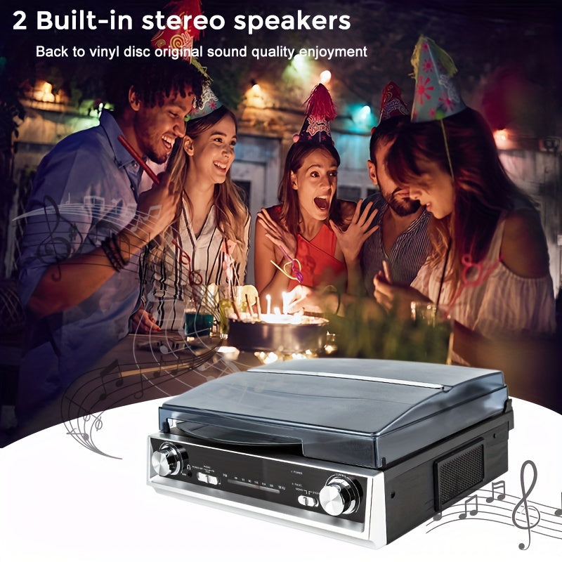 3-Speed Belt-Driven Vintage Turntable - Built-in Speakers, FM Radio, 3.5mm/Line Out + 2 Belts & 2 Styli -recordscrate
